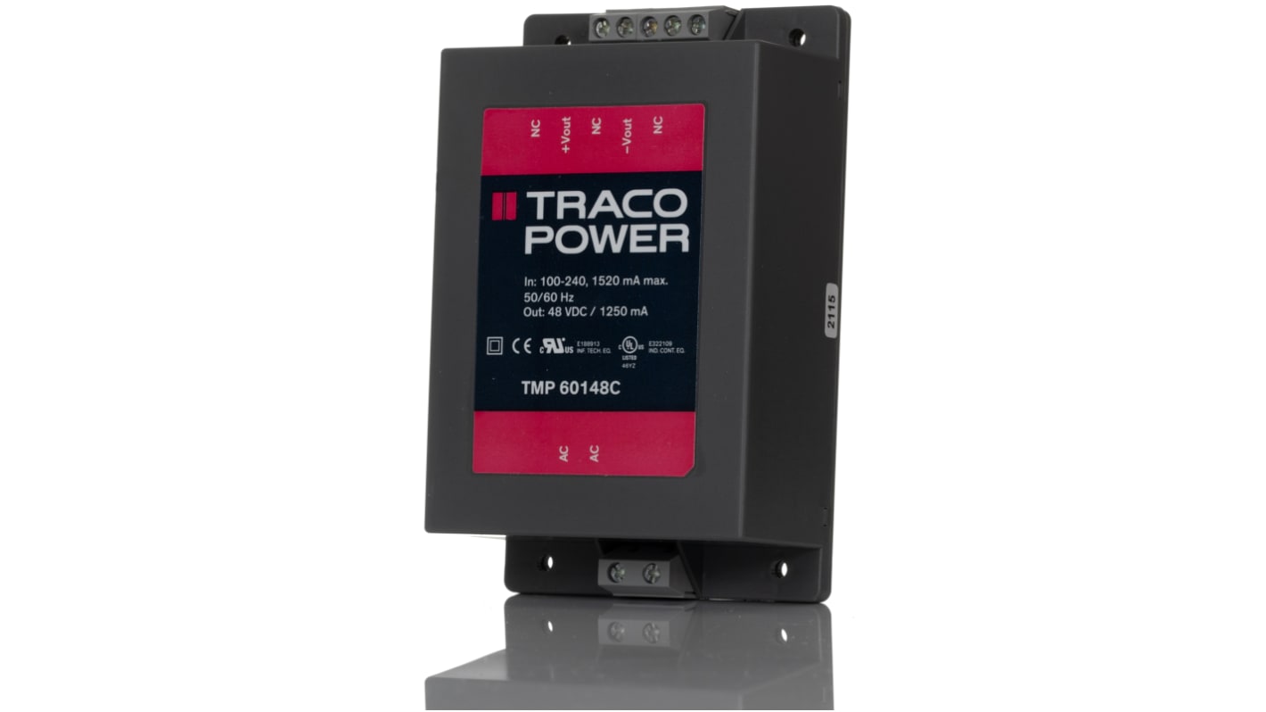 TRACOPOWER Switching Power Supply, TMP 60148C, 48V dc, 1.25A, 60W, 1 Output, 120 → 370 V dc, 85 → 264 V