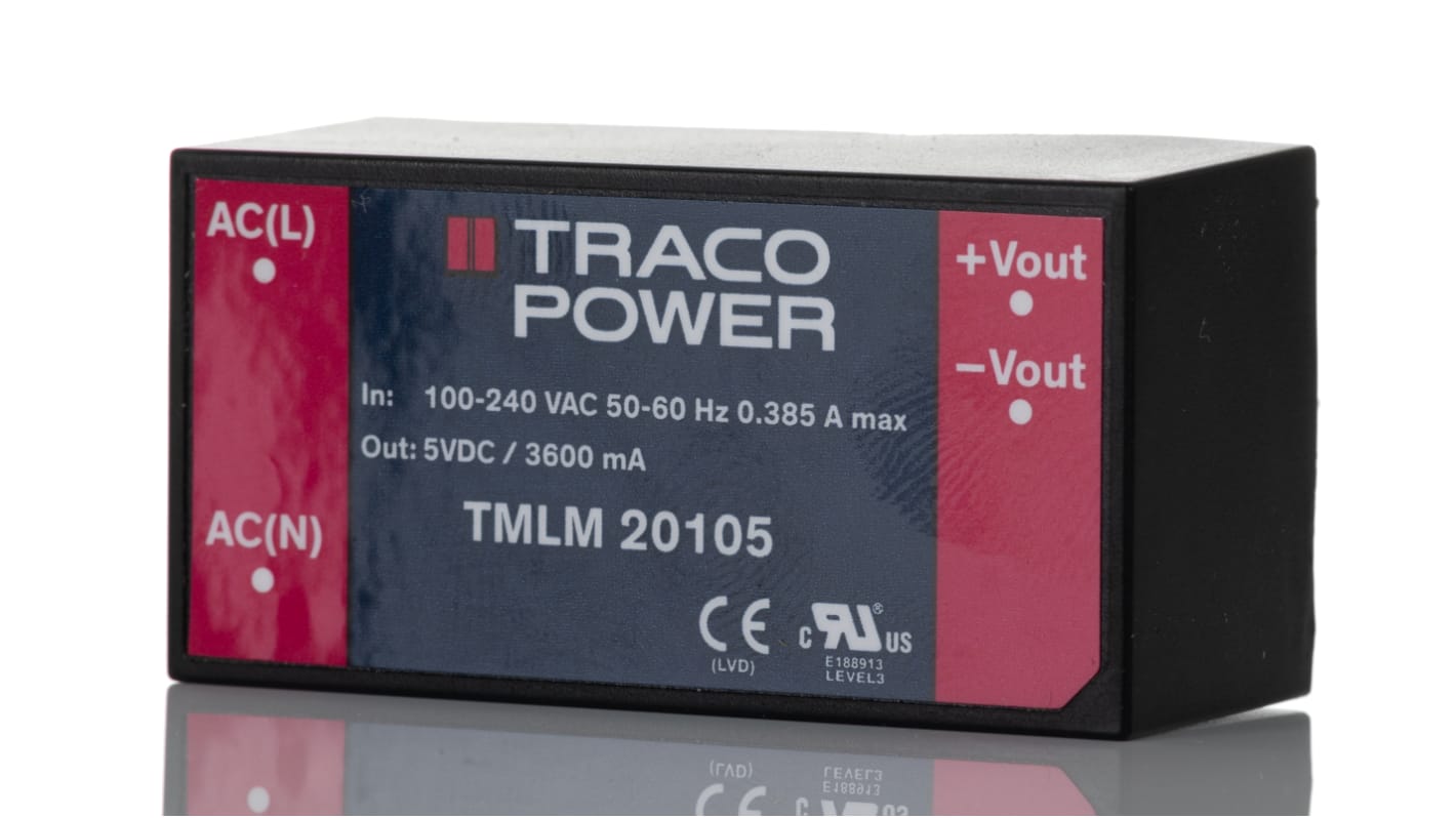 Fuente de alimentación conmutada TRACOPOWER serie TMLM, 5V dc, 3.6A, 18W, 1 salida, Montaje en PCB