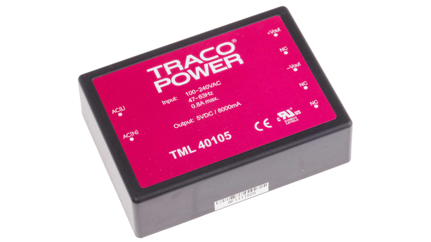 TRACOPOWER Switching Power Supply, TML 40105, 5V dc, 8A, 40W, 1 Output, 100 → 375 V dc, 90 → 264 V ac