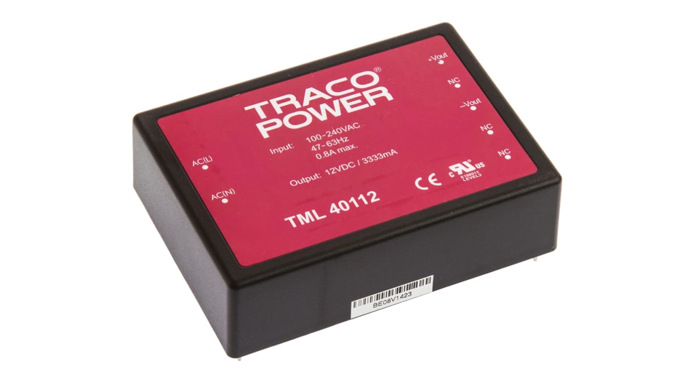 TRACOPOWER Schaltnetzteil, 12V dc / 3.333A 40W 100 → 375 V dc, 90 → 264 V ac Gekapselt, PCB-Montage