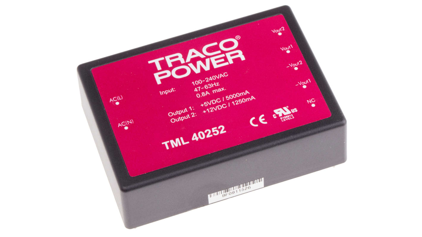 TRACOPOWER Switching Power Supply, TML 40252, 5 V dc, 12 V dc, 1.25A, 40W, Dual Output, 100 → 375 V dc, 90