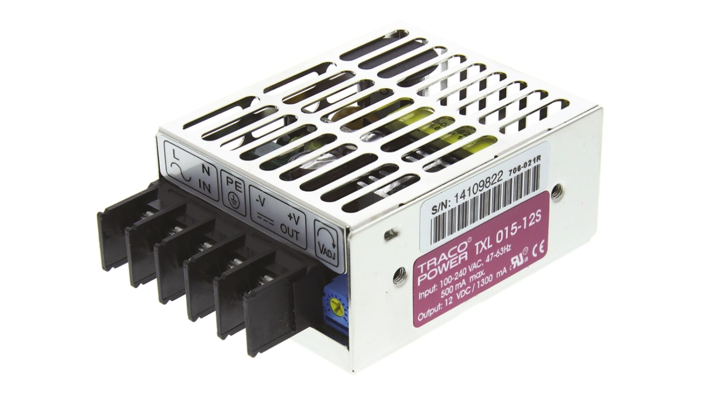 TRACOPOWER Switching Power Supply, TXL 015-12S, 12V dc, 1.3A, 15W, 1 Output, 85 → 264V ac Input Voltage