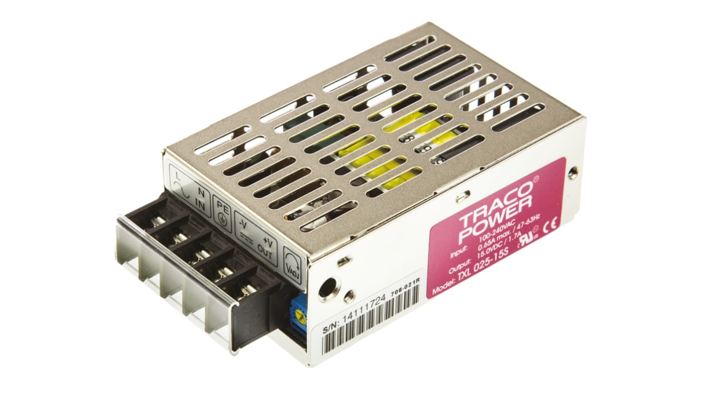 TRACOPOWER Switching Power Supply, TXL 025-15S, 15V dc, 1.7A, 25W, 1 Output, 85 → 264V ac Input Voltage