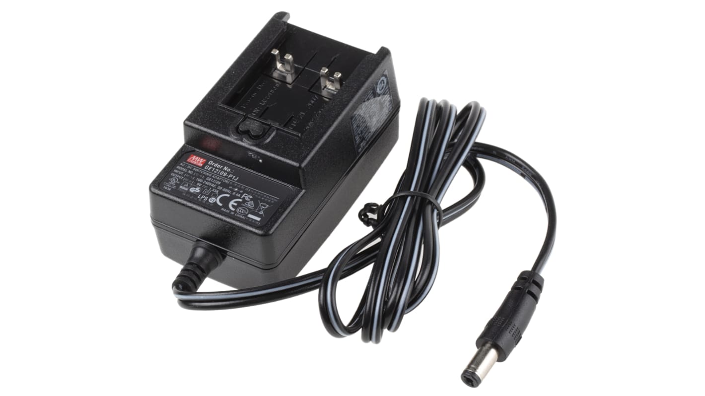 MEAN WELL 12W Plug-In AC/DC Adapter 9V dc Output, 1.33A Output