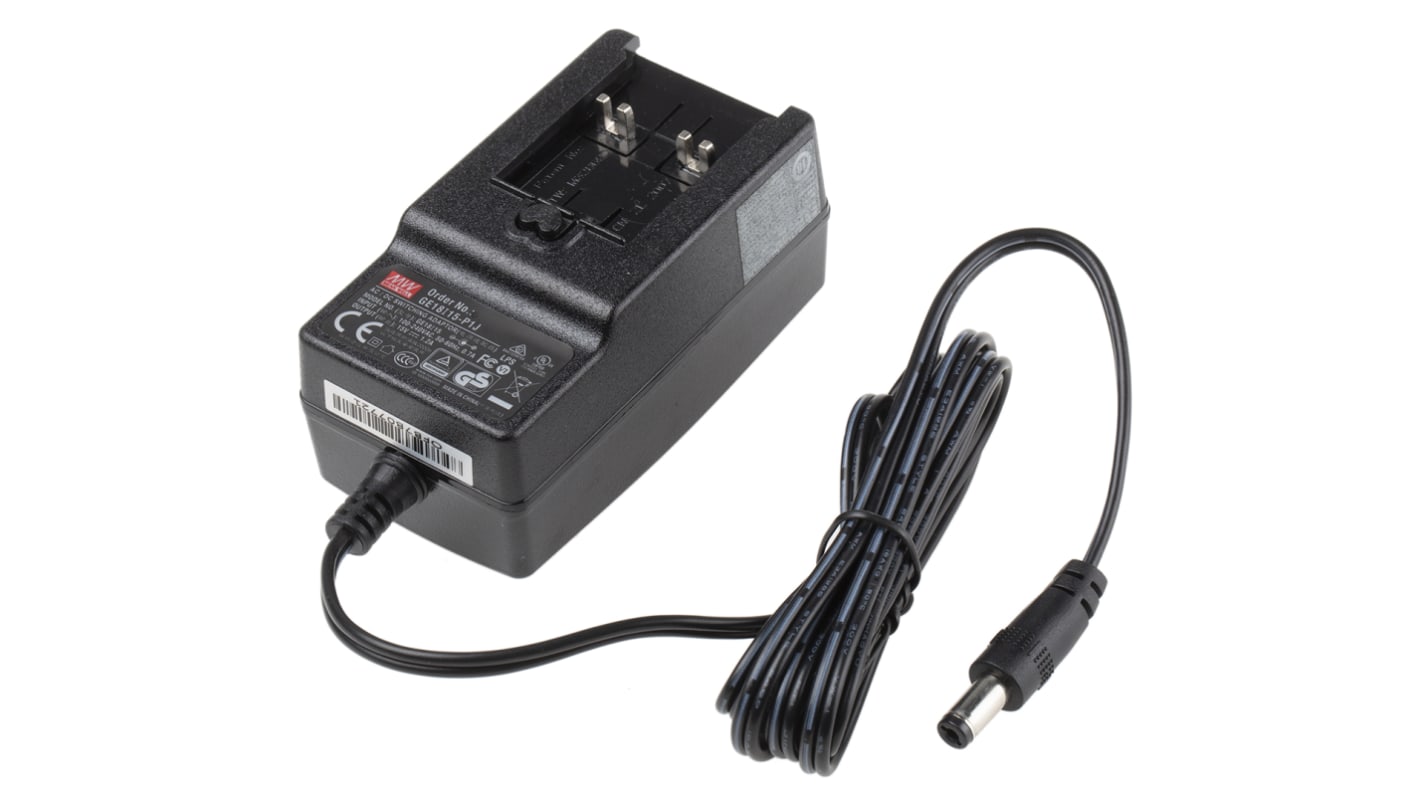 MEAN WELL 18W Plug-In AC/DC Adapter 15V dc Output, 1.2A Output