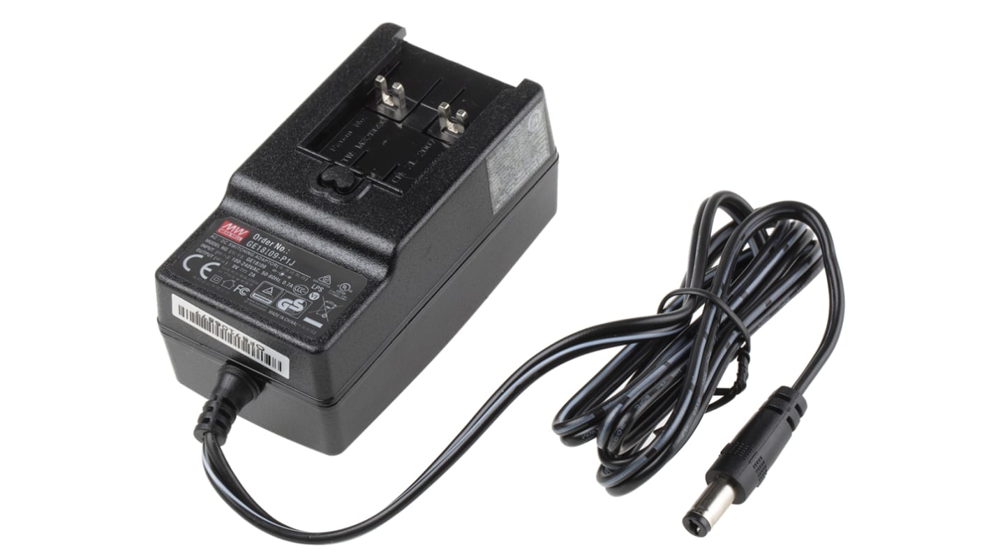 MEAN WELL 18W Plug-In AC/DC Adapter 9V dc Output, 2A Output