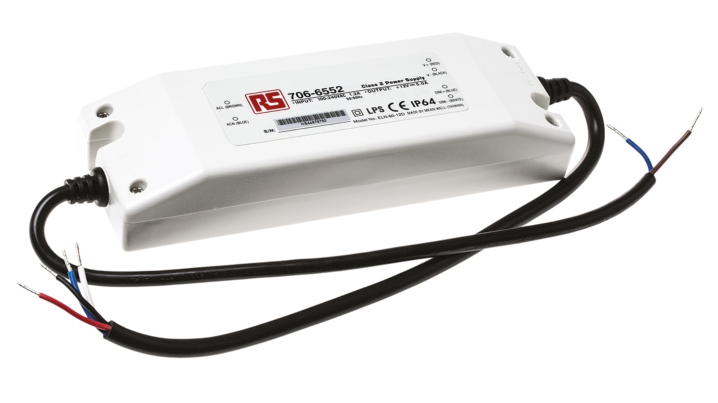 Driver LED tensión constante Mean Well, IN: 127 → 370 V dc, 90 → 264 V ac, OUT: 12V, 5A, 60W, IP64