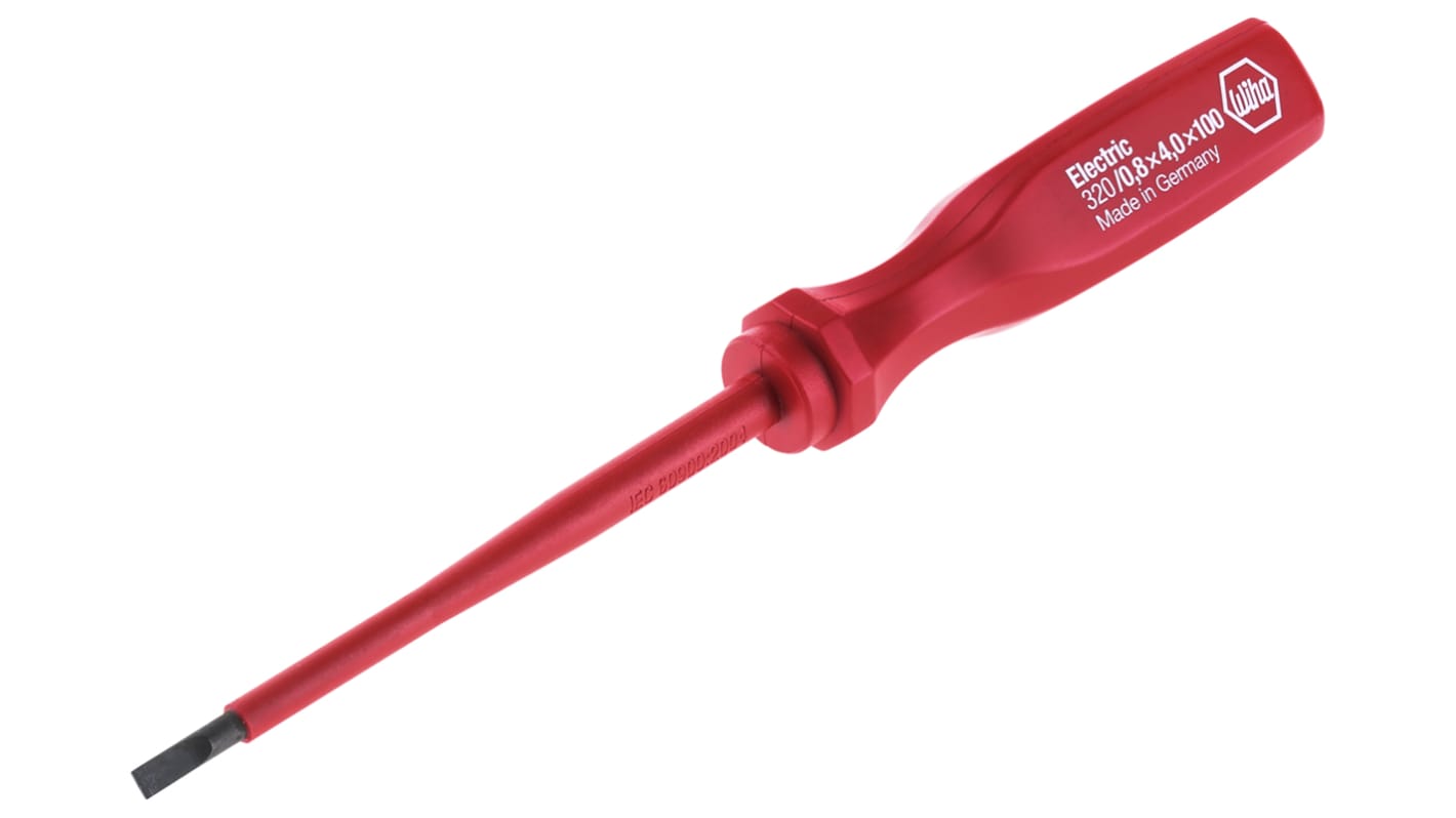 Wiha Tools Flat Screwdriver, 4 mm Tip, 100 mm Blade, VDE/1000V, 195 mm Overall