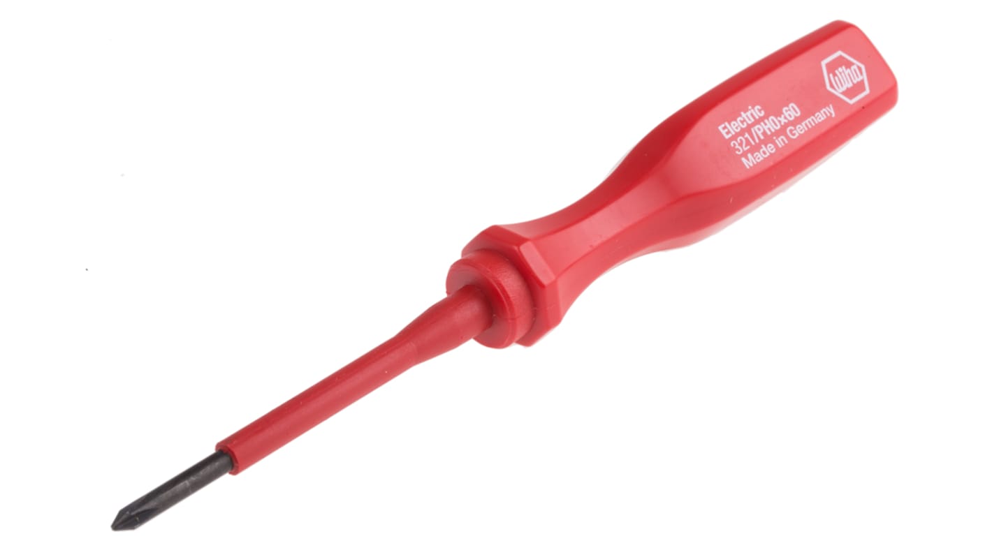 Wiha Tools Phillips Screwdriver, PH0 Tip, 60 mm Blade, VDE/1000V, 135 mm Overall