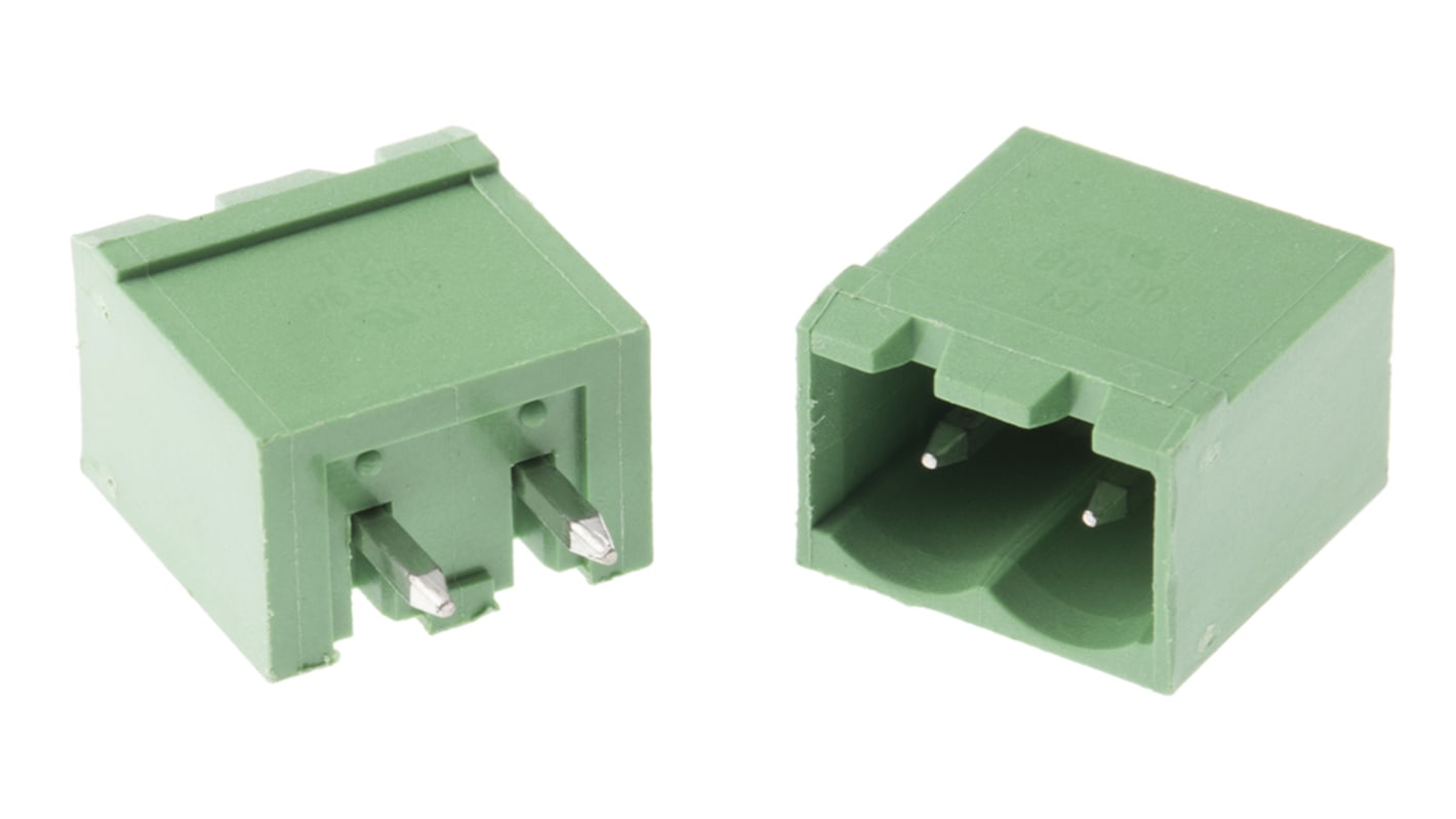 Borne enchufable para PCB Macho Ángulo recto Amphenol FCI de 2 vías, paso 5.08mm, 12A, de color Verde, montaje Montaje