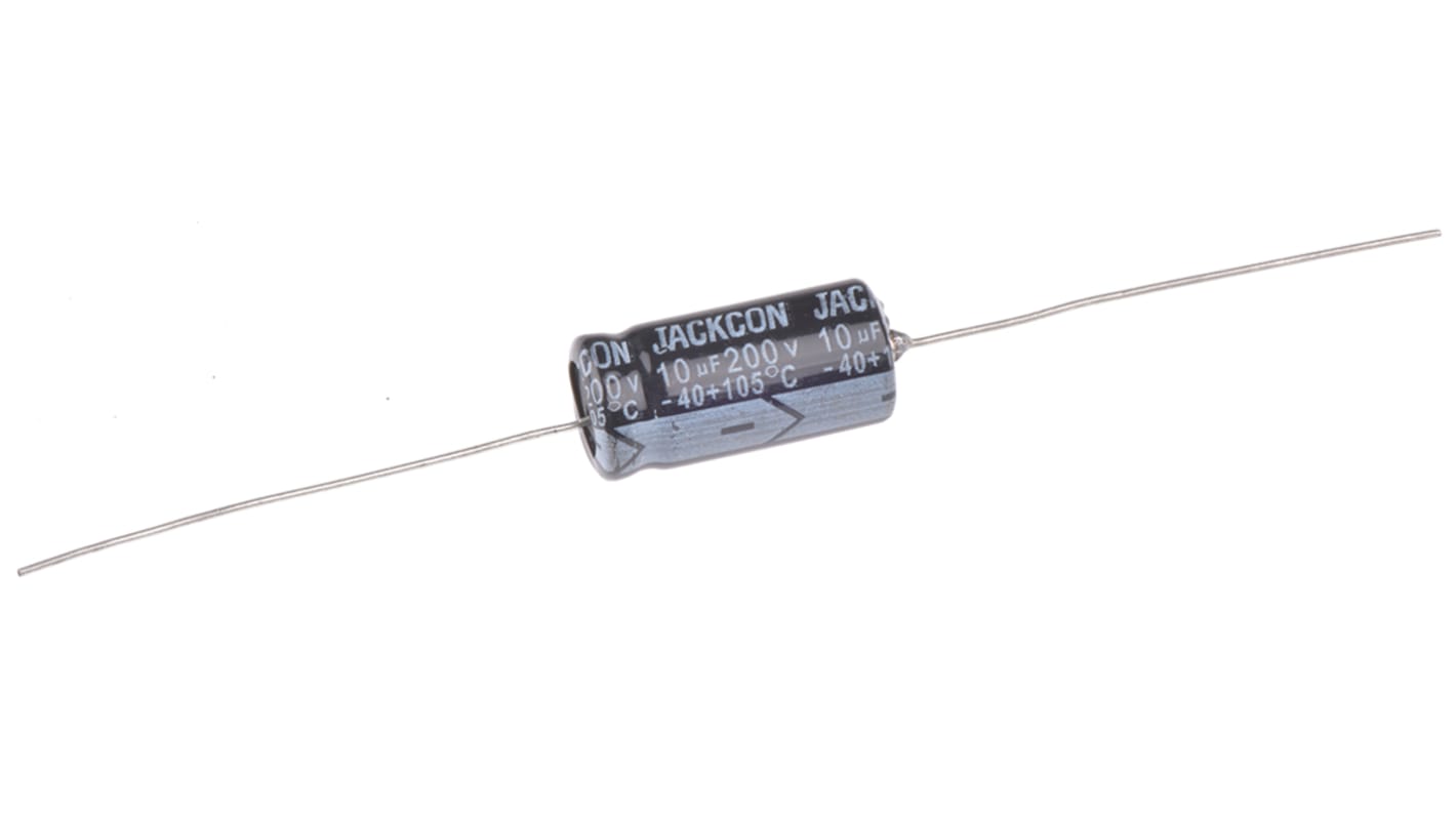 Condensador electrolítico RS PRO, 10μF, ±20%, 200V dc, Axial, Orificio pasante, 10 (Dia.) x 21mm