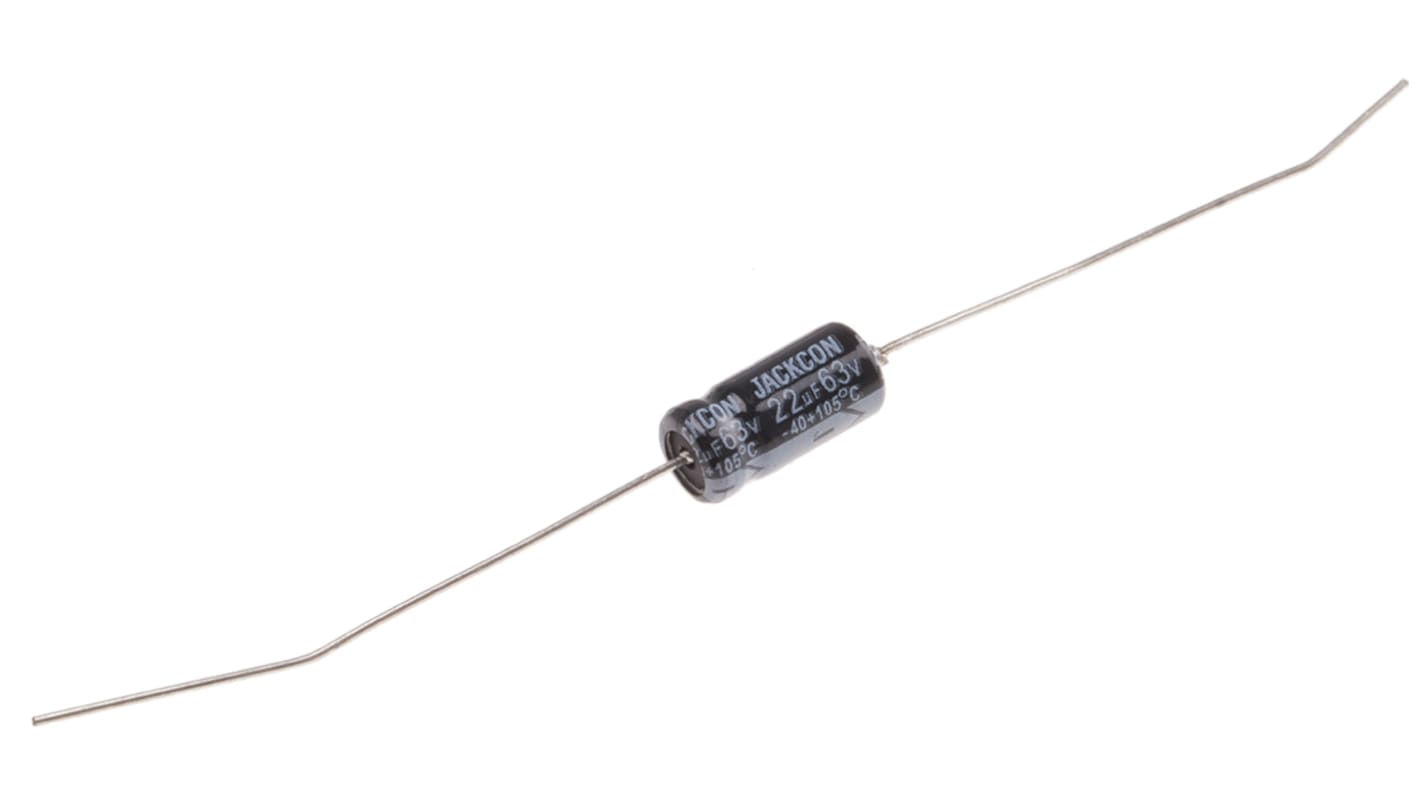 Kondensator 22μF 63V dc Osiowy, Otwór przelotowy RS PRO 6 (Dia.) x 13mm