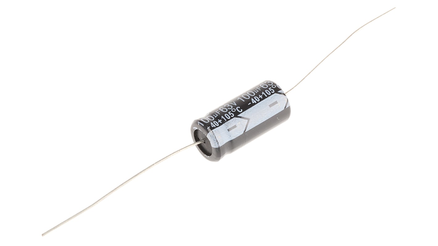 RS PRO 100μF Aluminium Electrolytic Capacitor 63V dc, Axial, Through Hole