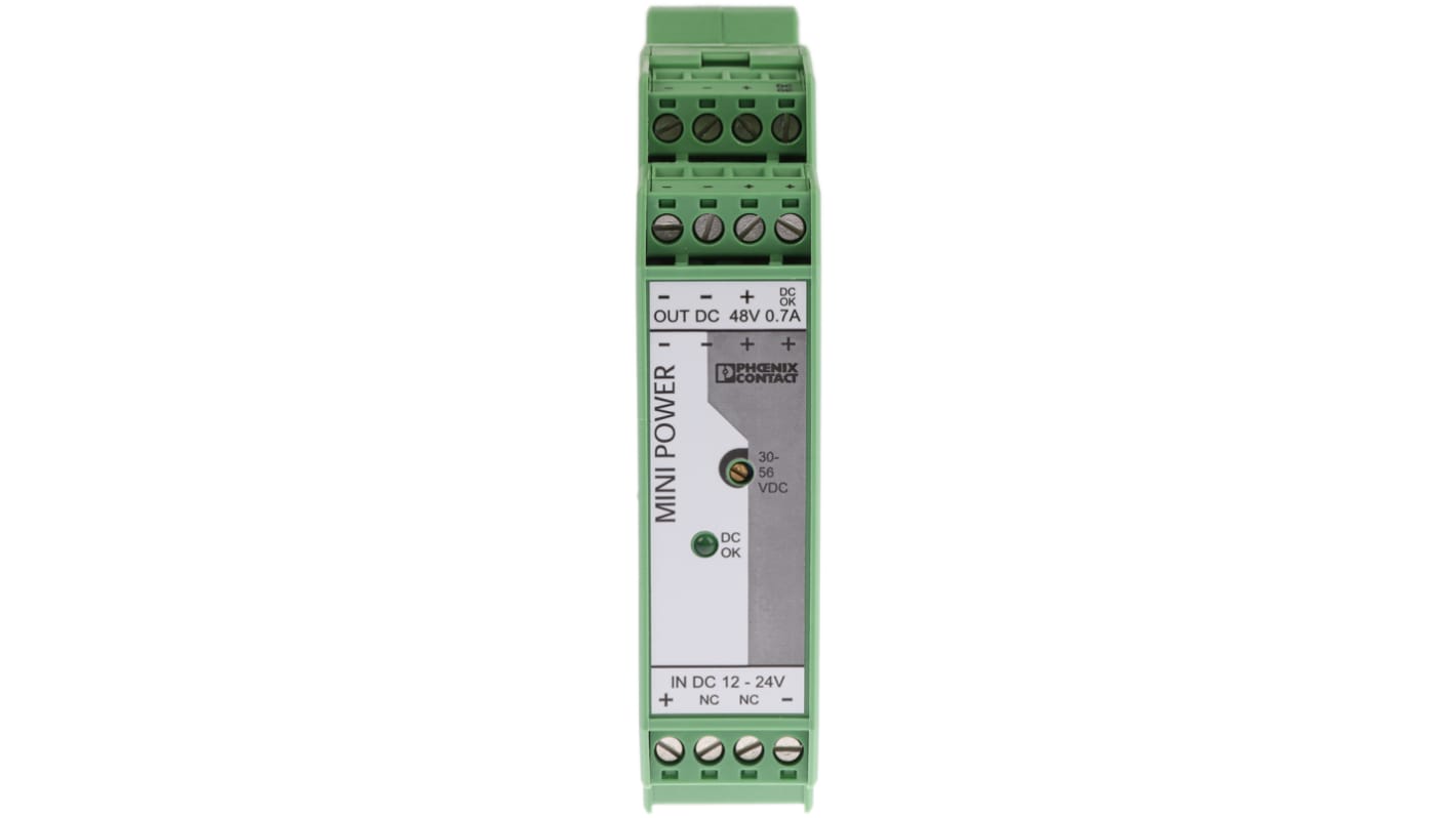 Convertisseur DC-DC Phoenix Contact, MINI-PS-12-24DC/48DC/0.7, Montage rail DIN, 33.6W, 1 sortie, 48V c.c., 700mA