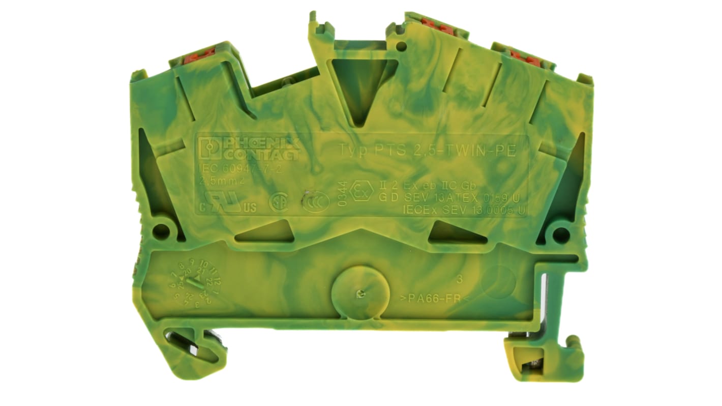 Phoenix Contact Schutzleiterklemme, PTS 2.5-TWIN-PE, 3-polig, Einstecken-Anschluss, 26 → 12 AWG, Grün/Gelb