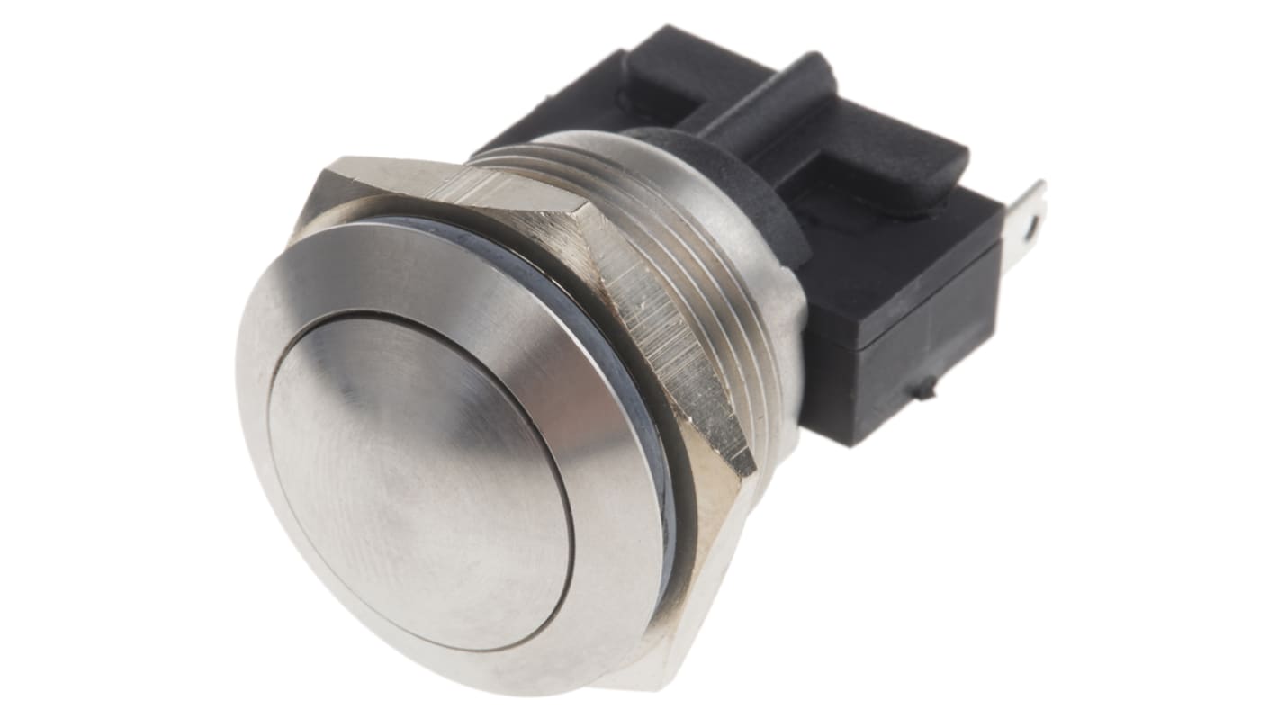 Bulgin Push Button Switch, Momentary, Panel Mount, 19.2mm Cutout, SPST, 250V ac, IP66