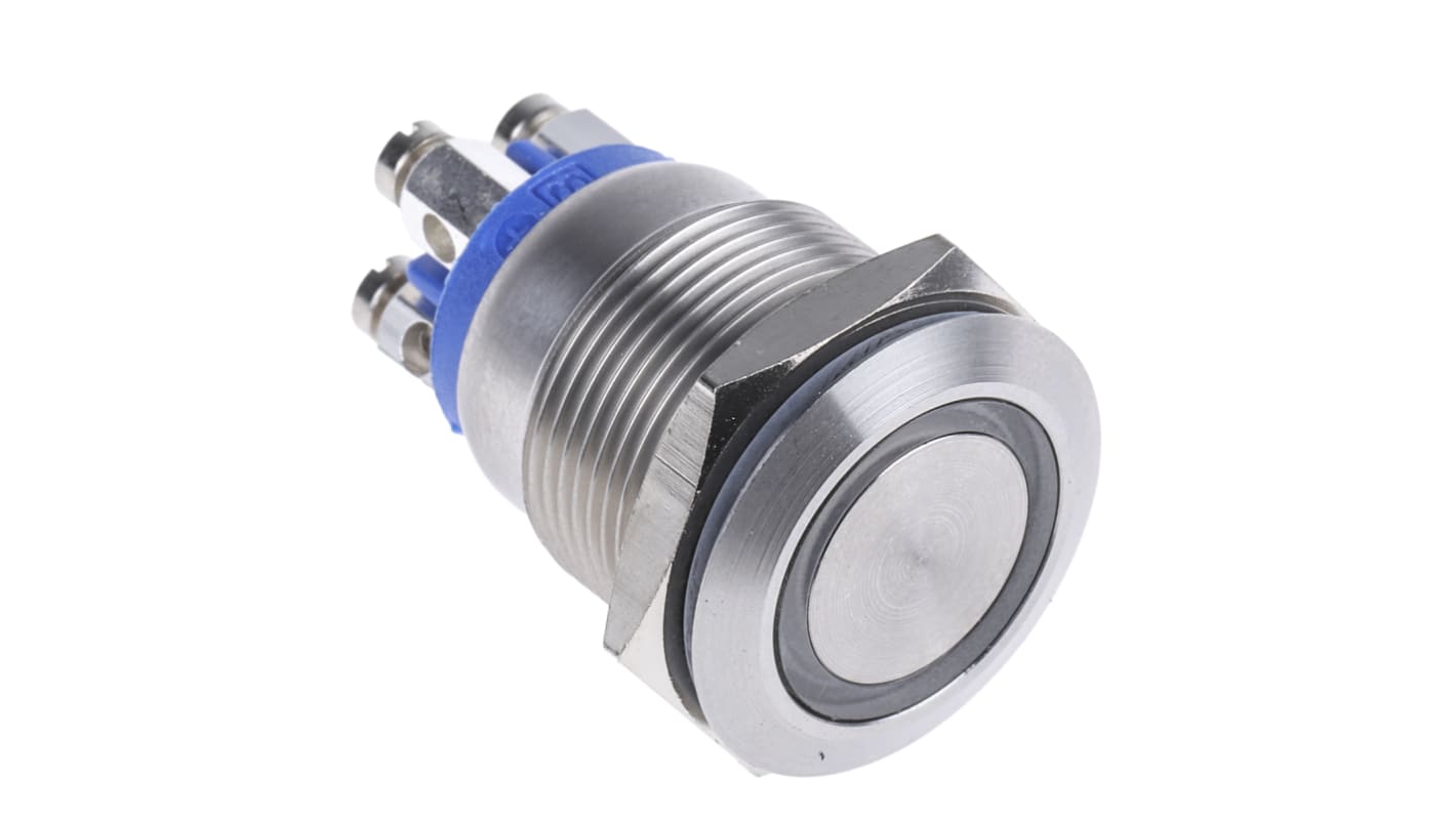 Bulgin MPI002 Series Illuminated Push Button Switch, Momentary, Panel Mount, 19.2mm Cutout, SPST, Blue LED, 24V dc, IP66