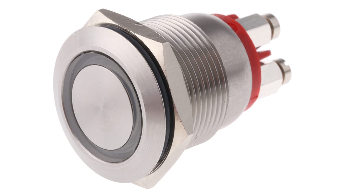 Bulgin MPI002 Series Illuminated Push Button Switch, Momentary, Panel Mount, 19.2mm Cutout, SPST, Red LED, 24V dc, IP66