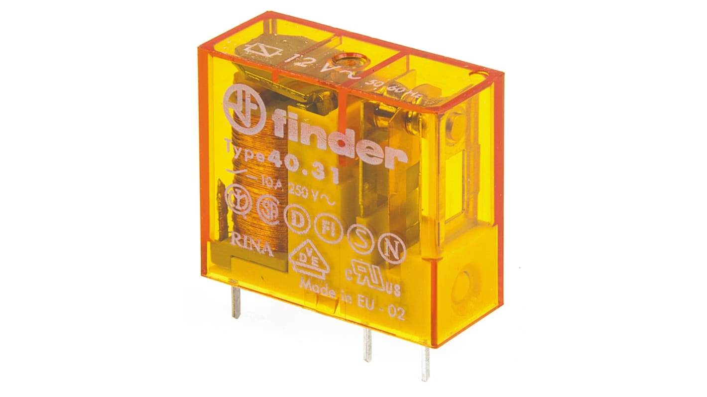 Relè di potenza Finder serie 40 Series, SPDT, bobina 12V ca, Montaggio su circuito stampato
