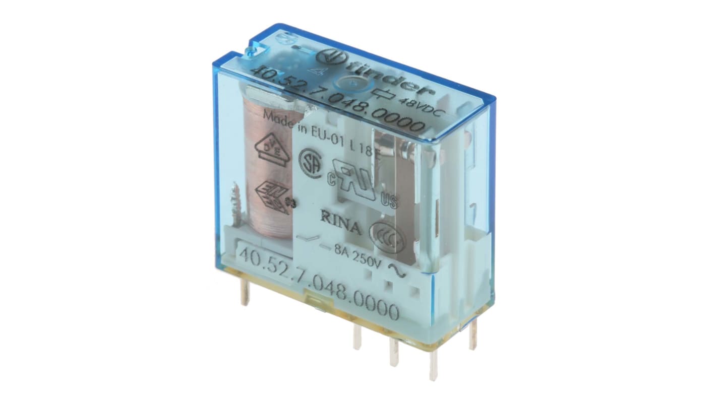 Finder PCB Mount Power Relay, 48V dc Coil, 8A Switching Current, DPDT