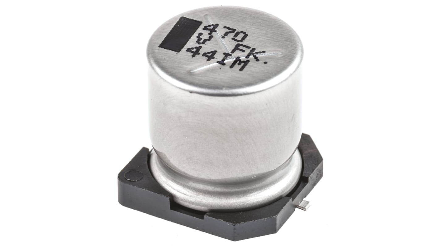 Kondenzátor, řada: FK SMD 470μF ±20% 60mΩ 35V dc, SMD Hliníkové elektrolytické AEC-Q200 Panasonic