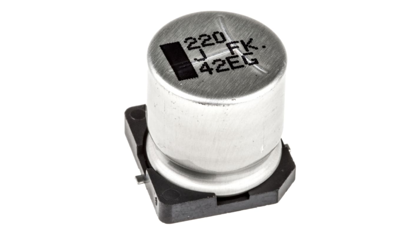 Condensador electrolítico Panasonic serie FK SMD, 220μF, ±20%, 63V dc, mont. SMD, 12.5 (Dia.) x 13.5mm