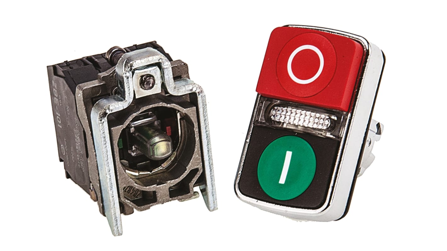 Pulsador Schneider Electric Harmony XB4, color de botón Rojo/Verde, SPDT, Montaje en Panel, Índices de protección IP66,