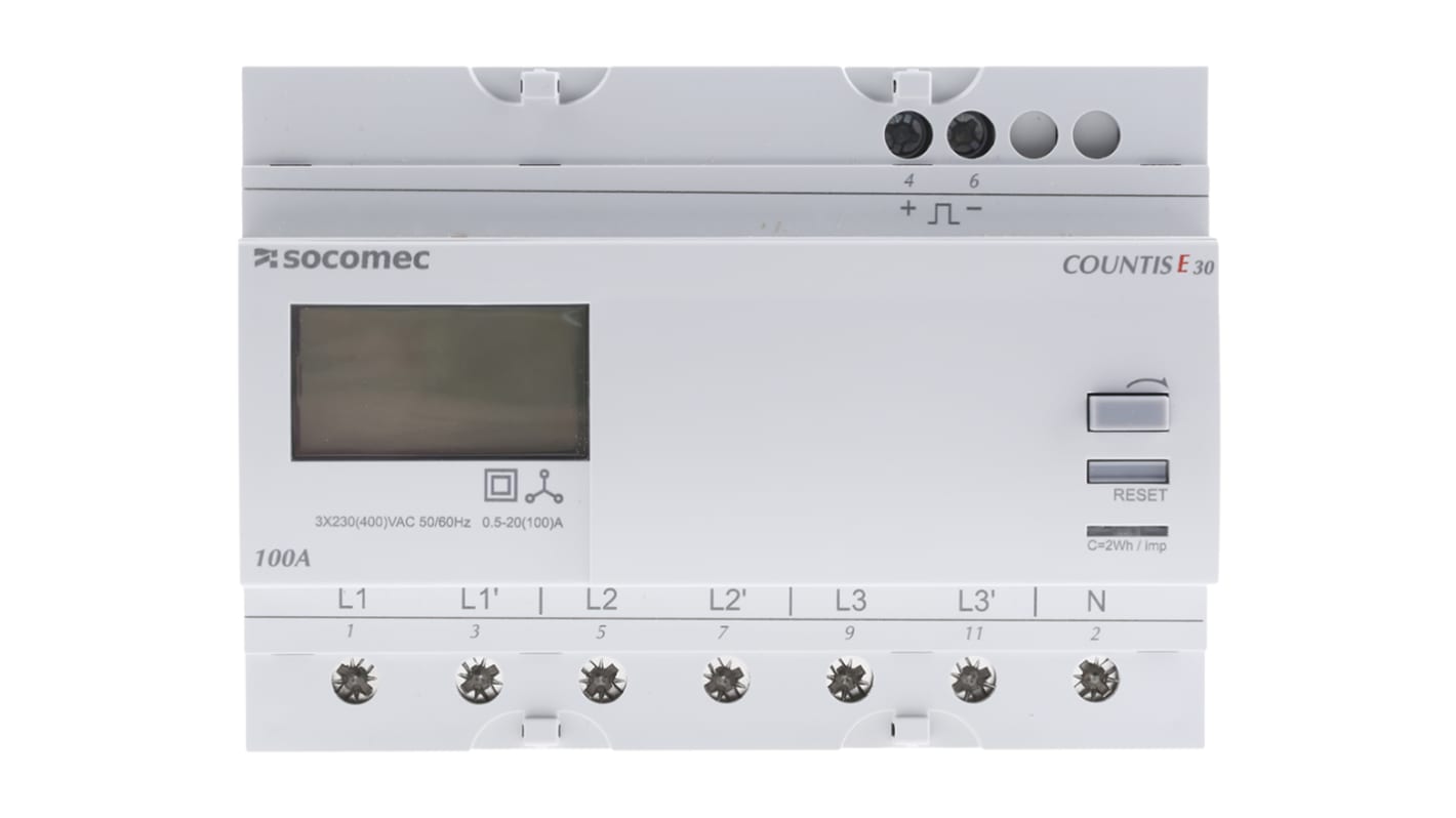 Socomec Energiamérő LCD, 7-számjegyes, 3-fázisú, impulzuskimenettel, Class 1 (EN62053-21), Class B (EN50470), Countis