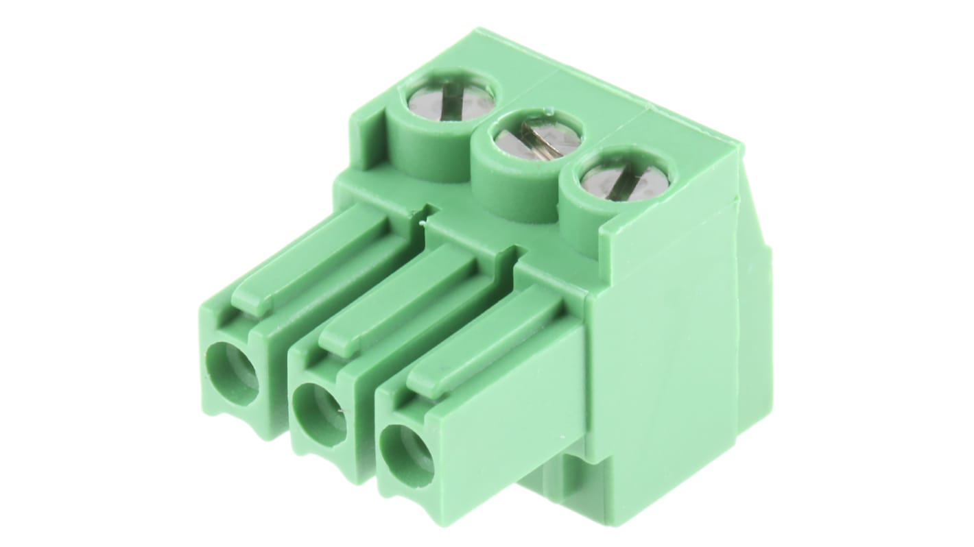 Borne enchufable para PCB Ángulo de 90° TE Connectivity de 3 vías , paso 3.5mm, 11A, de color Verde, montaje de cable,