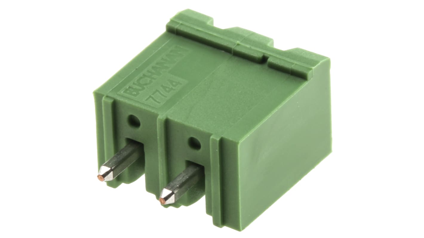 Borne enchufable para PCB Ángulo recto TE Connectivity de 2 vías , paso 5.08mm, 15A, de color Verde, montaje Montaje en