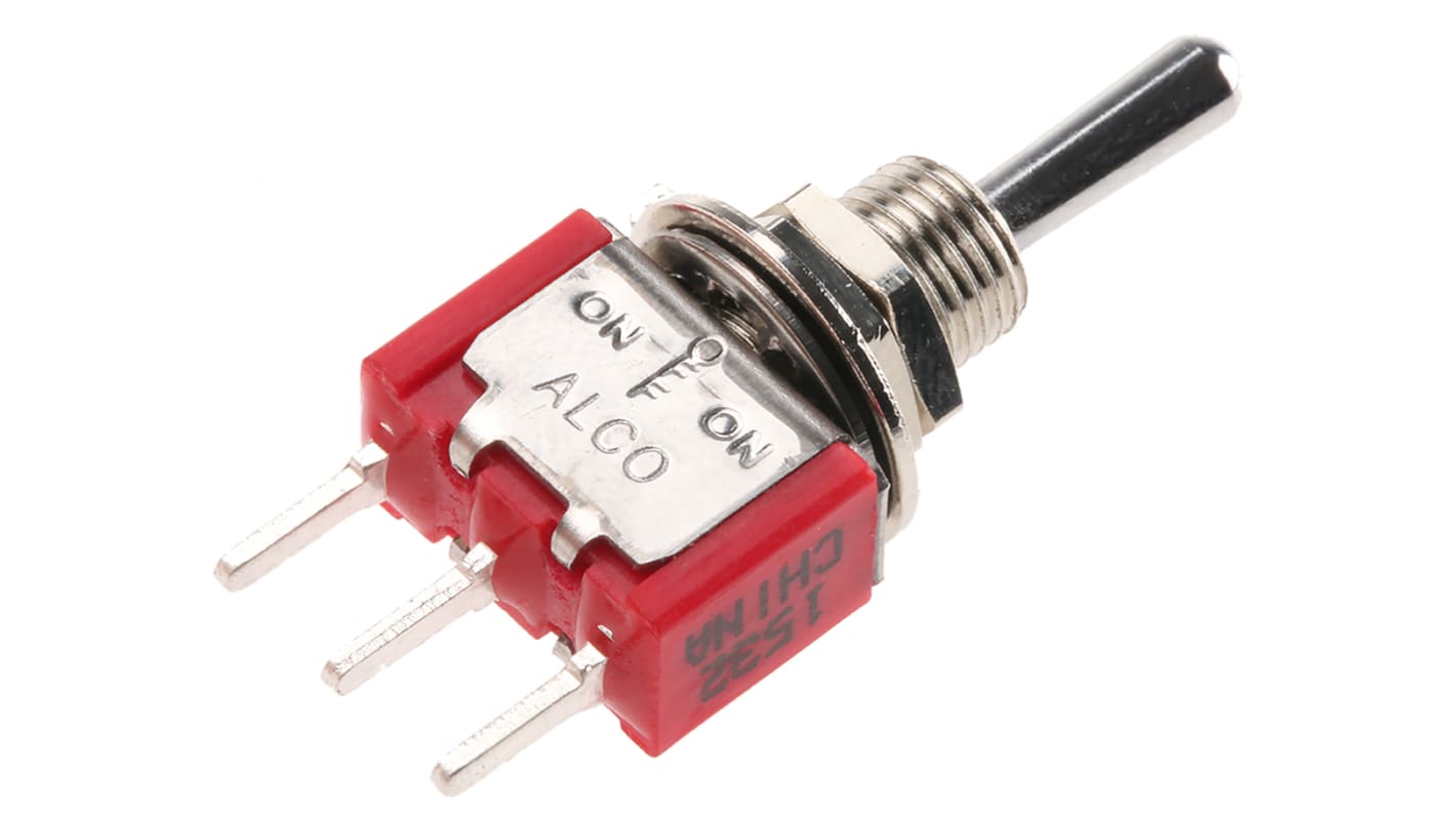 TE Connectivity Toggle Switch, PCB Mount, On-Off-On, SPDT, Through Hole Terminal, 120 V ac, 28V dc