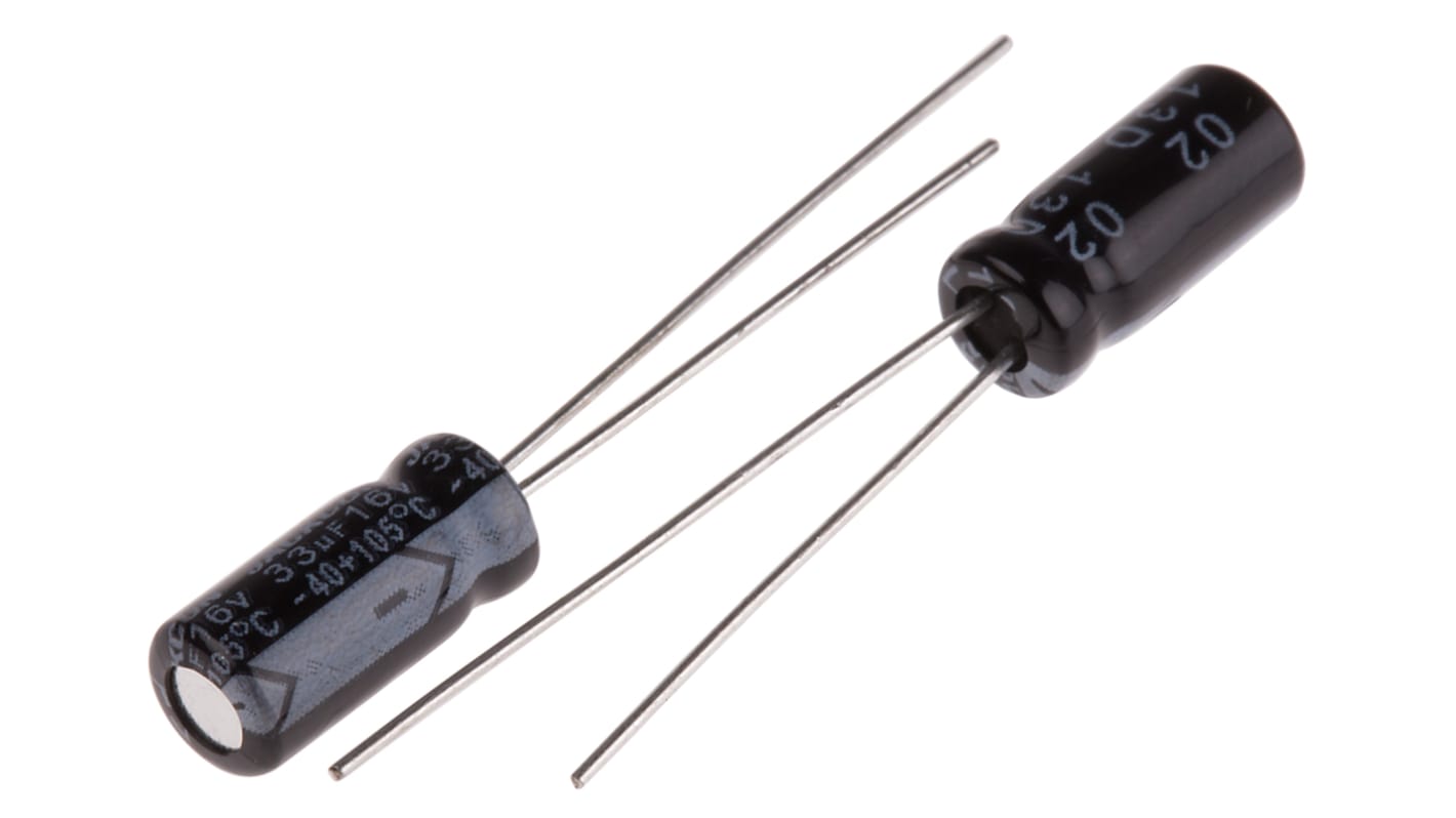 Condensador electrolítico RS PRO, 33μF, ±20%, 16V dc, Radial, Orificio pasante, 5 (Dia.) x 11mm, paso 2mm