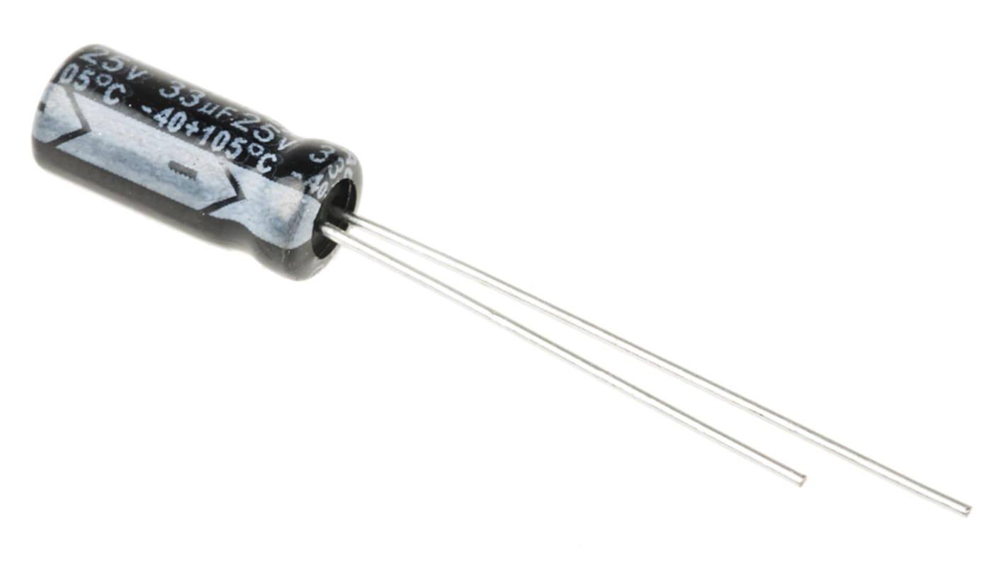 Condensador electrolítico RS PRO, 33μF, ±20%, 25V dc, Radial, Orificio pasante, 5 (Dia.) x 11mm, paso 2mm