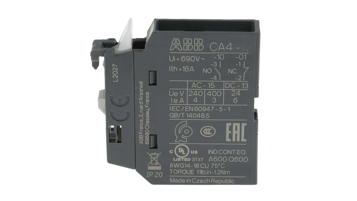ABB Auxiliary Contact, 1 Contact, 1NC, Front Mount