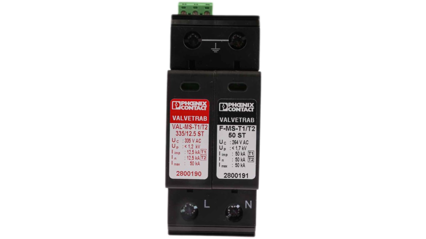 Parafoudre Phoenix Contact, 50kA, 250V c.a. 1 phase électrique, montage Rail DIN VAL-MS-T1/T2 335/12.5/1+1-FM