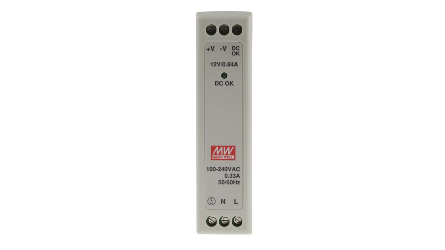 MEAN WELL MDR Switched Mode DIN Rail Power Supply, 85 → 264V ac ac Input, 12V dc dc Output, 840mA Output, 10W