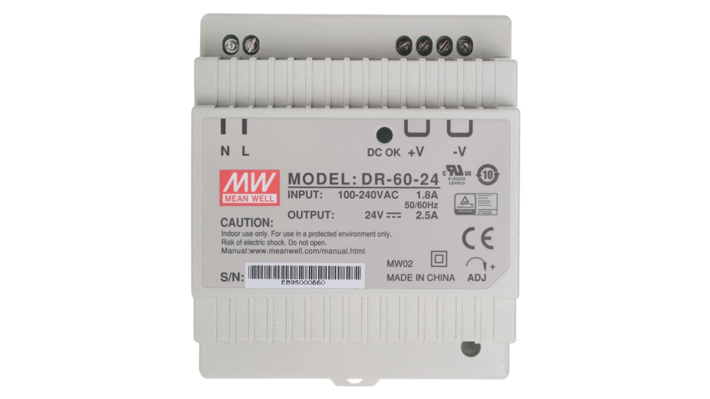 Mean Well DR Switch-Mode DIN-Schienen Netzteil 60W, 85 → 264V ac, 24V dc / 2.5A