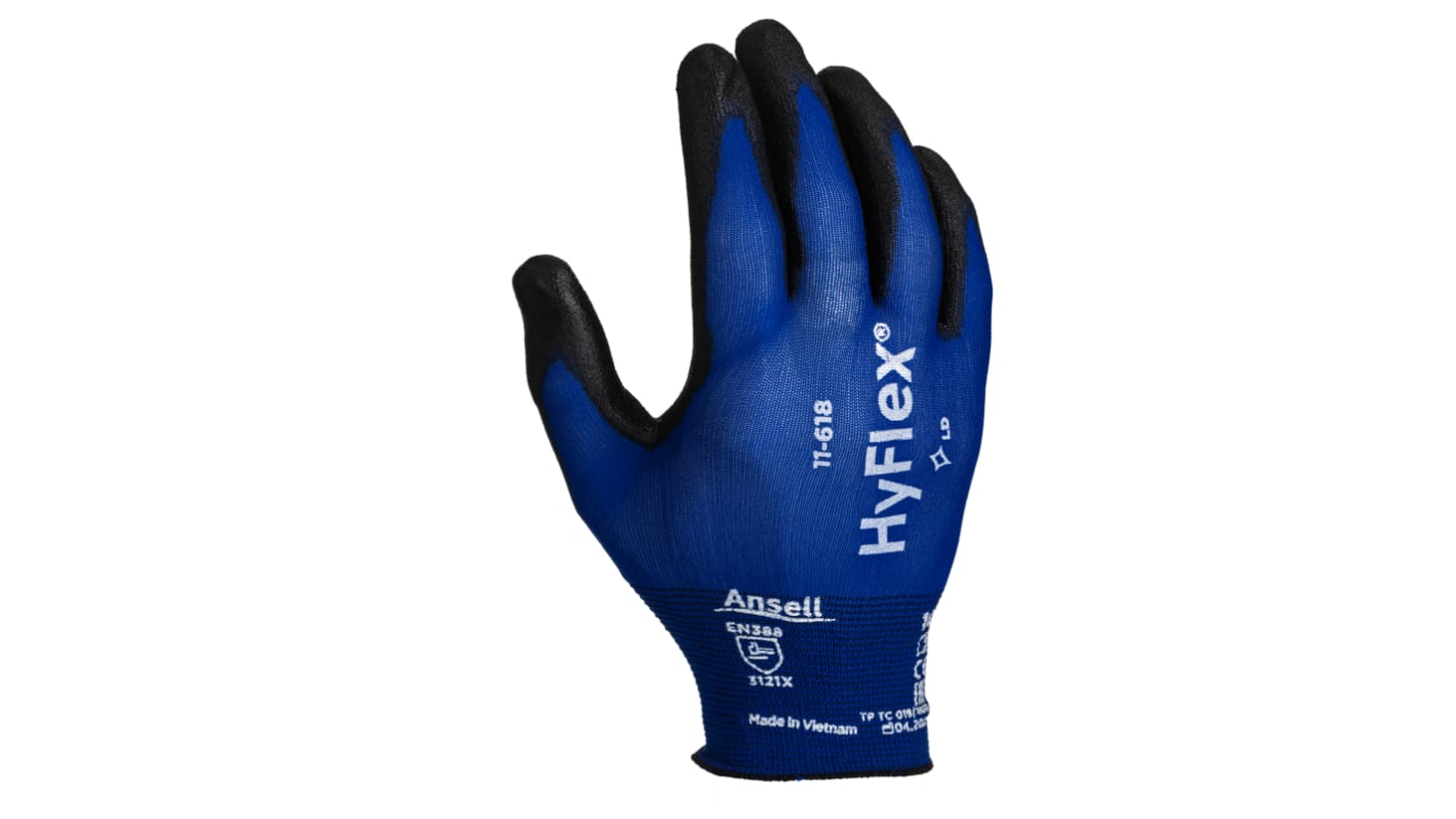 Ansell HyFlex 11-618 Blue Nylon General Purpose Work Gloves, Size 8, Polyurethane Coating