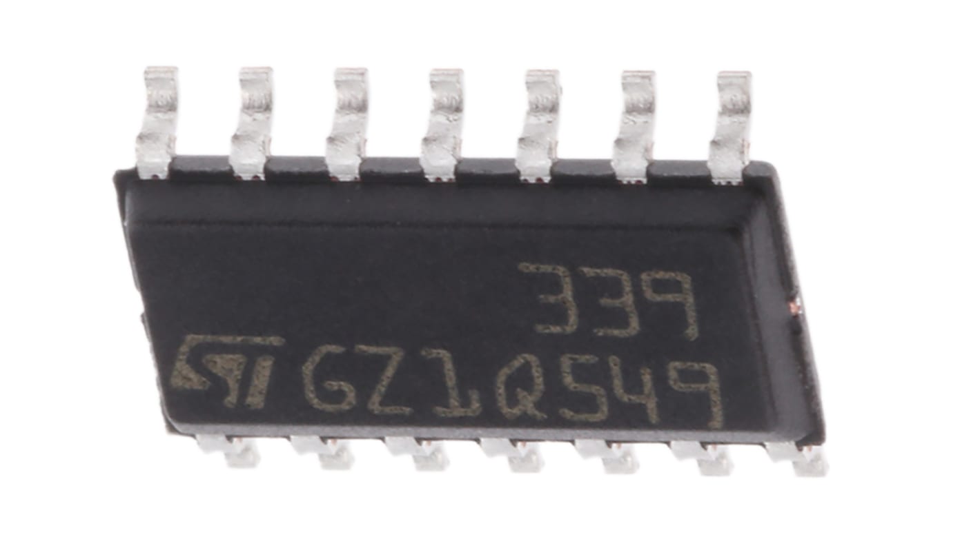 LM339D STMicroelectronics, Quad Comparator, CMOS/TTL O/P, O/P, 1.3μs 2 → 36 V 14-Pin SOIC