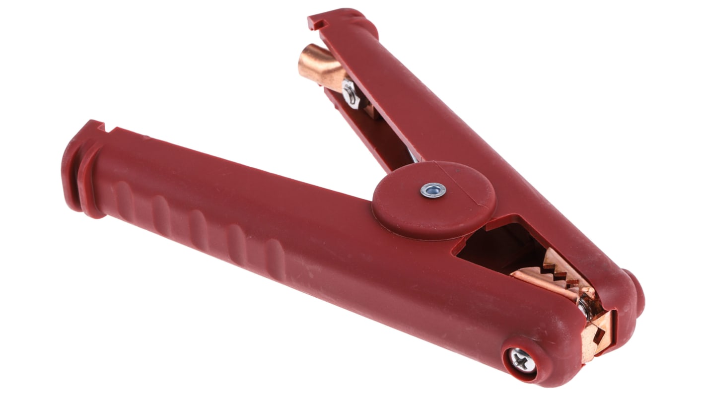 Clip a coccodrillo Mueller Electric, 300A, apertura 41mm, isolato, col. Rosso