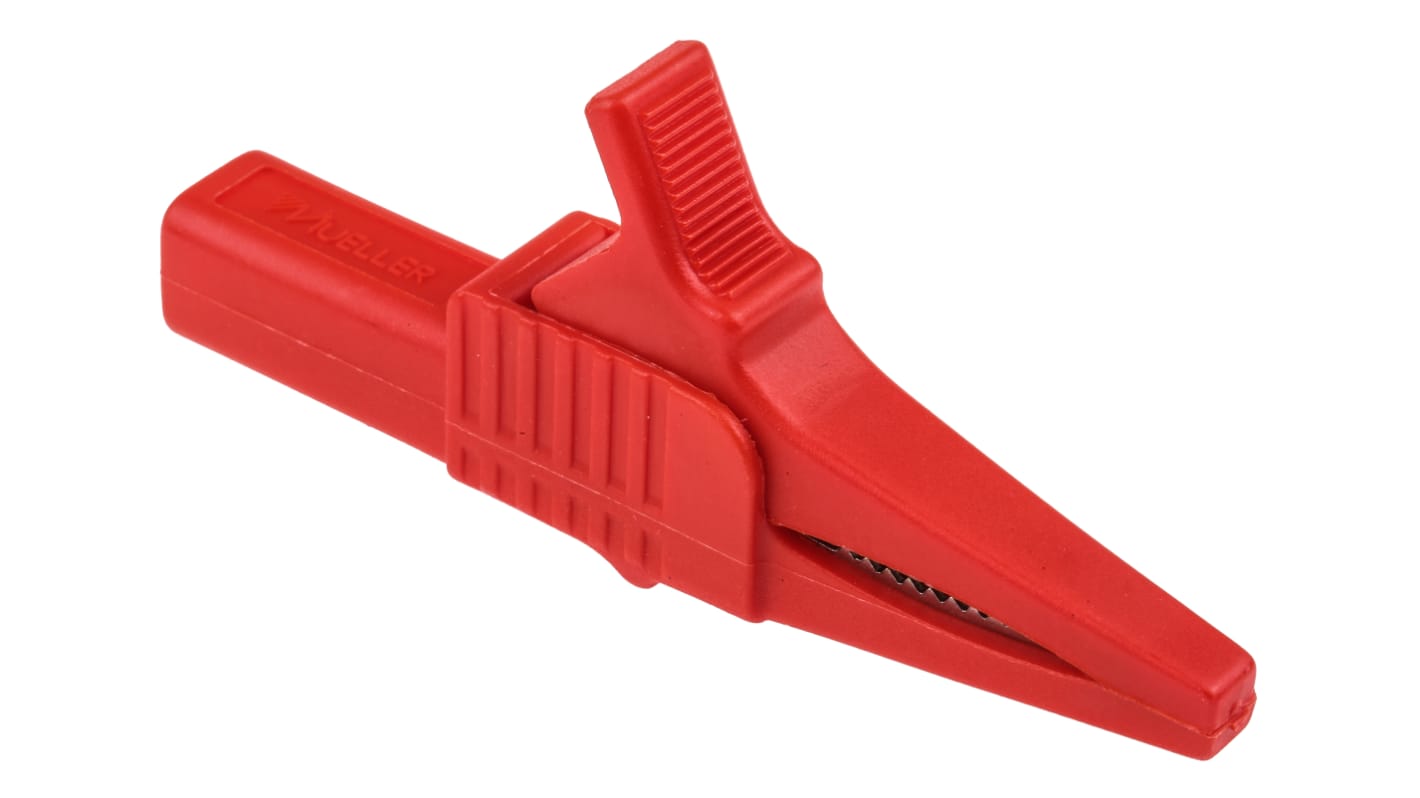 Clip a coccodrillo Mueller Electric, 30A, apertura 19mm, isolato, col. Rosso