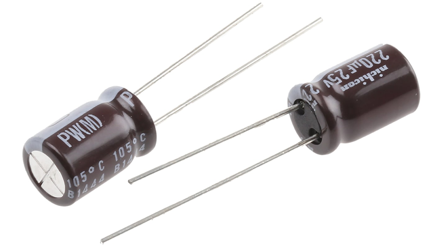 Nichicon PW, THT Aluminium-Elektrolyt Kondensator 220μF ±20% / 25V dc, Ø 8mm x 11.5mm, bis 105°C