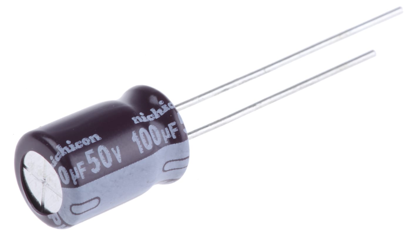 Nichicon PW, THT Aluminium-Elektrolyt Kondensator 100μF ±20% / 50V dc, Ø 8mm x 11.5mm, bis 105°C