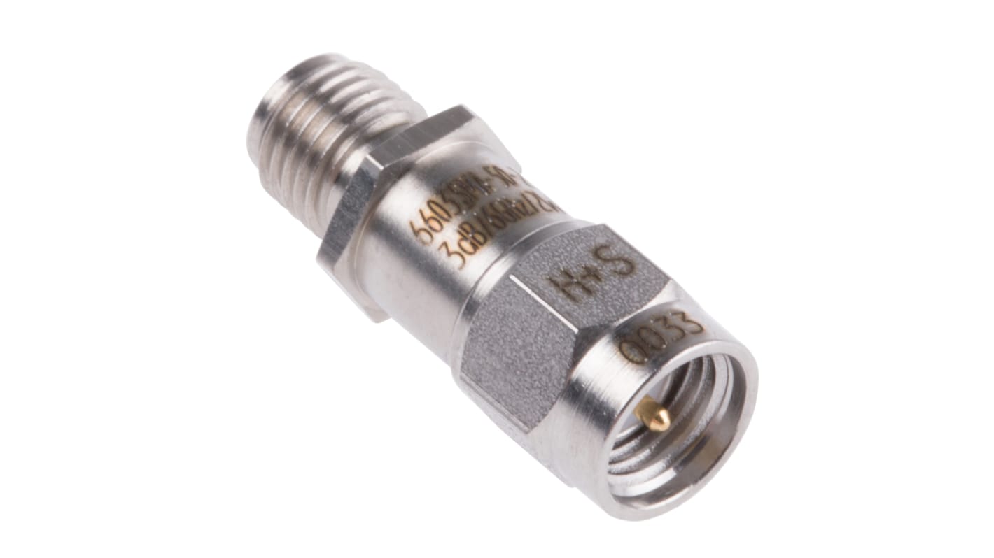 Atenuador de RF Huber+Suhner 6603_SMA-50-2/199_NE, 50Ω, Conector macho a conector hembra SMA 3dB, DC → 6GHz