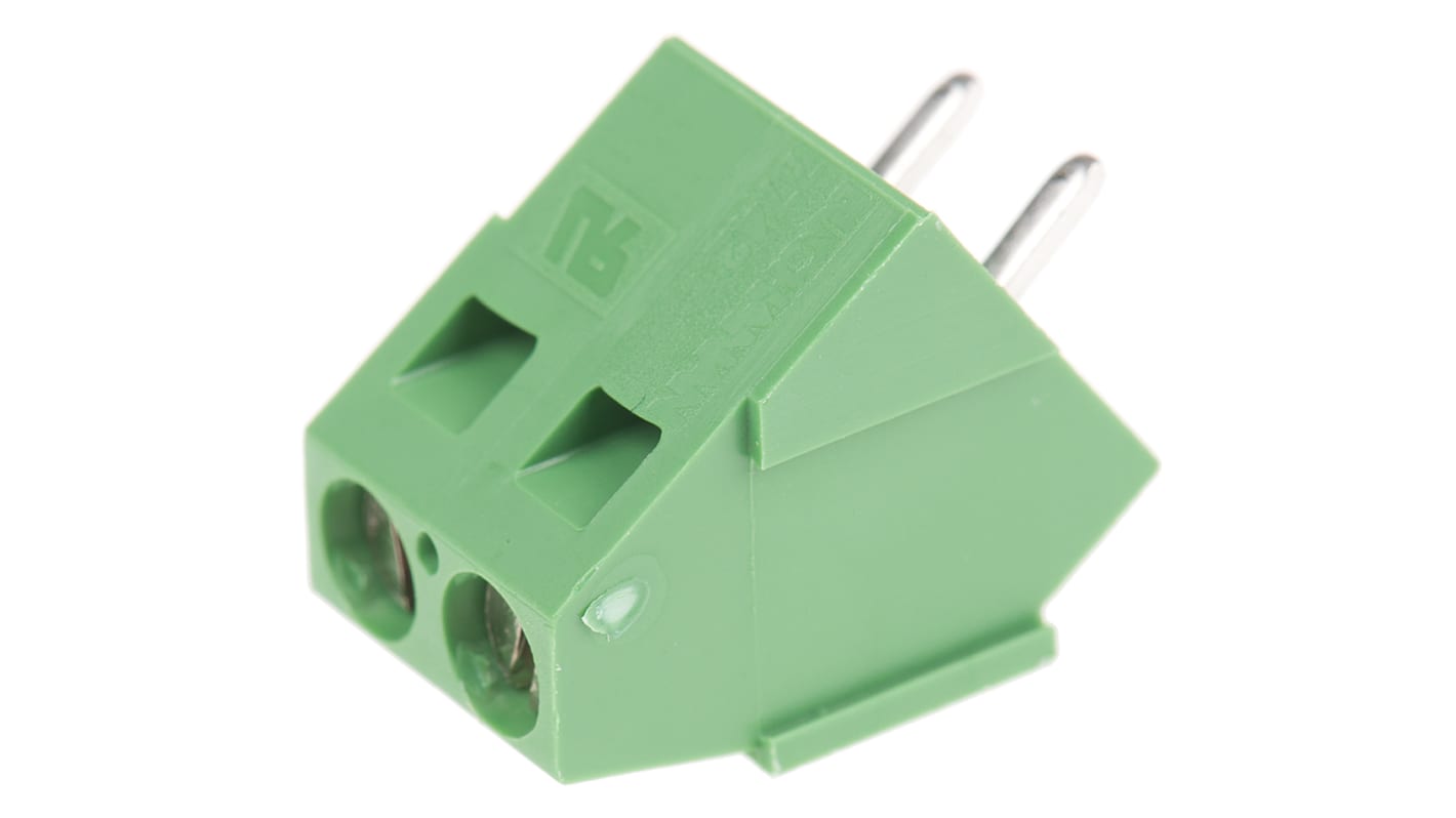 Borne para PCB en ángulo TE Connectivity de 2 vías , paso 5.08mm, 17.5A, de color Verde, montaje Montaje en orificio