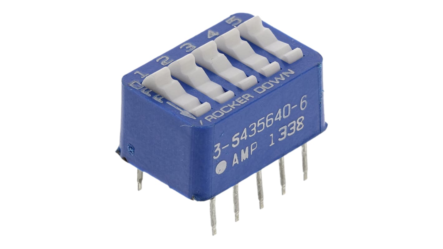 Interruttore DIP 3-5435640-6, SPST, 100 mA a 5 V c.c., 5 posizioni, attuatore a Bilanciere, Foro passante