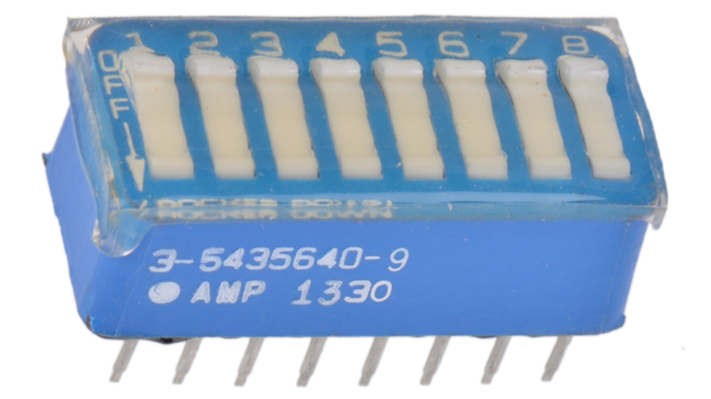 Spínač DIP SPST, typ ovladače: kolébkový průchozí otvor 100 mA při 5 V DC 8cestný -55 → +105°C