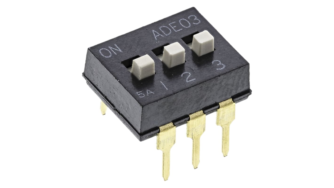 DIP switch, 1-polet, Hulmontering, Skyde 100 mA ved 24 V dc, 3-vejs, -30 → +85°C