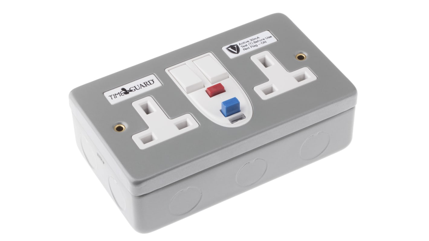 Valiance 13A, BS Fixing, Active, 2 Gang RCD Socket, Steel, Surface Mount, Switched, 230 V ac, Silver