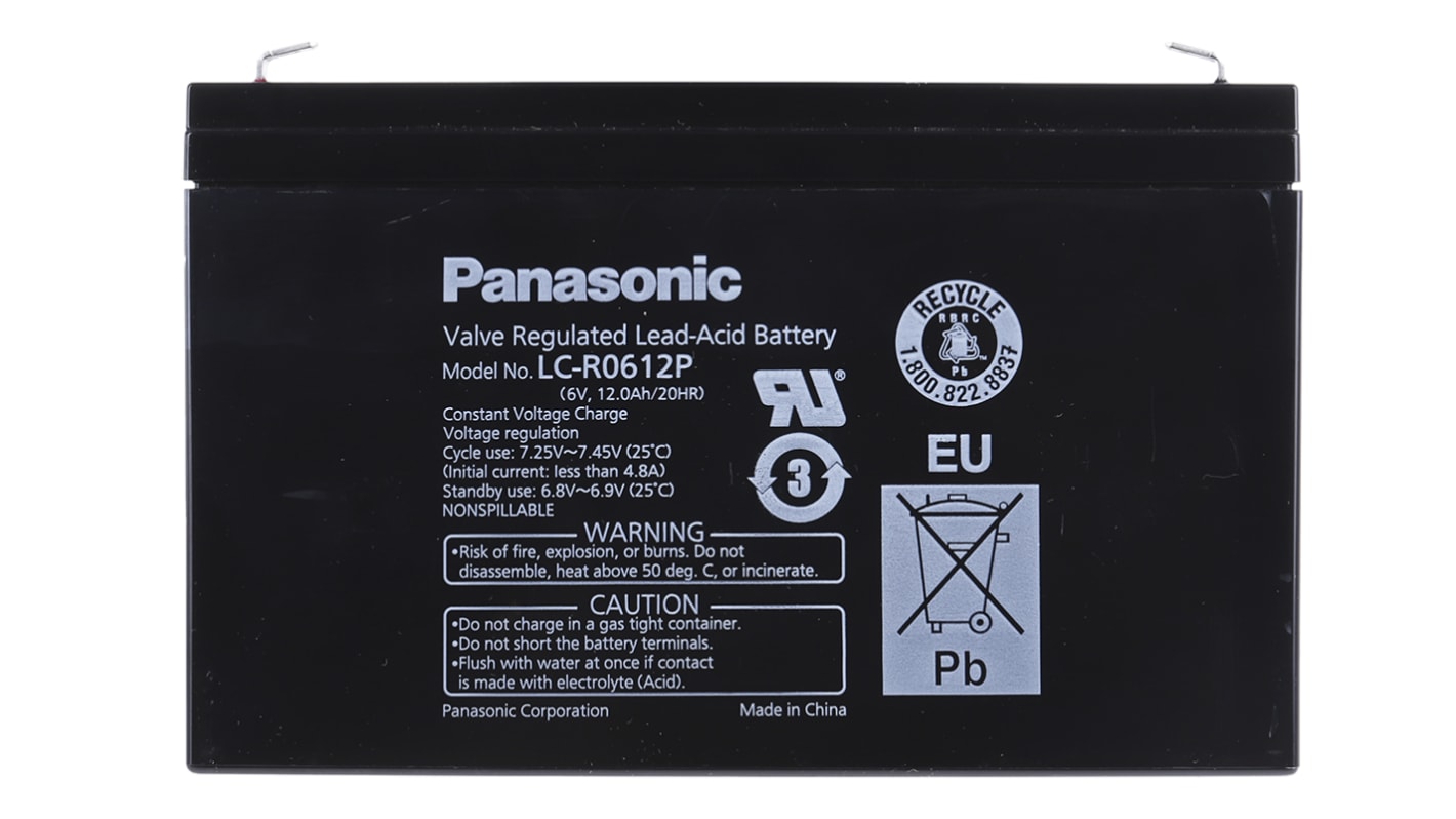 Panasonic Abgedichteter Bleiakku, 6V / 12Ah, Faston F1-Anschluss, 94 x 50 x 151mm